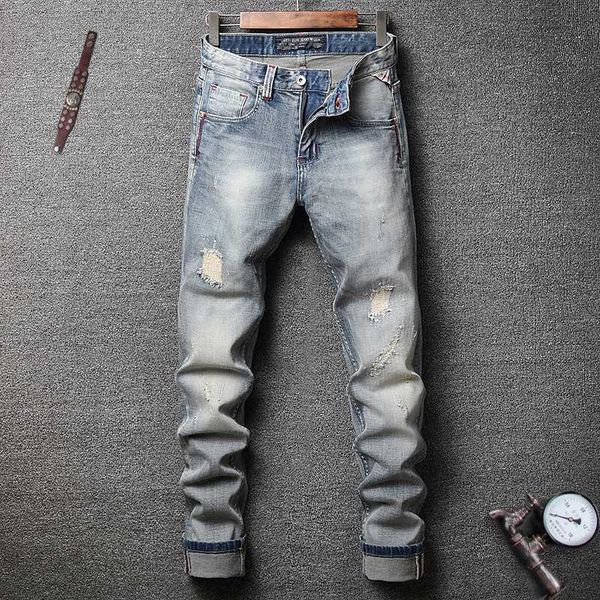 

italian style fashion men jeans light blue slim fit patchwork ripped jeans men vintage designer homme