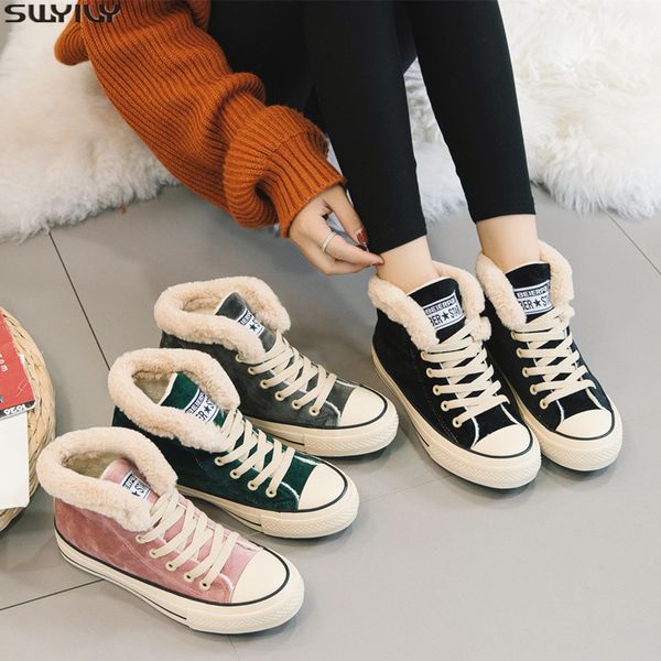

swyivy flock winter sneakers women casual shoes winter 2019 fashion flat sneakers high black shoes cotton padded snow shoes y200424