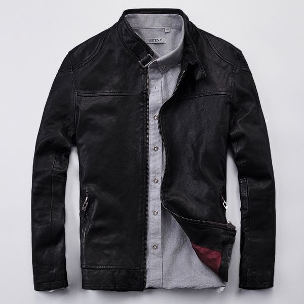

genuine leather jacket men's short sheep skin slim motorcycle leather jacket casual leather jacket male simple autumn coat, Black