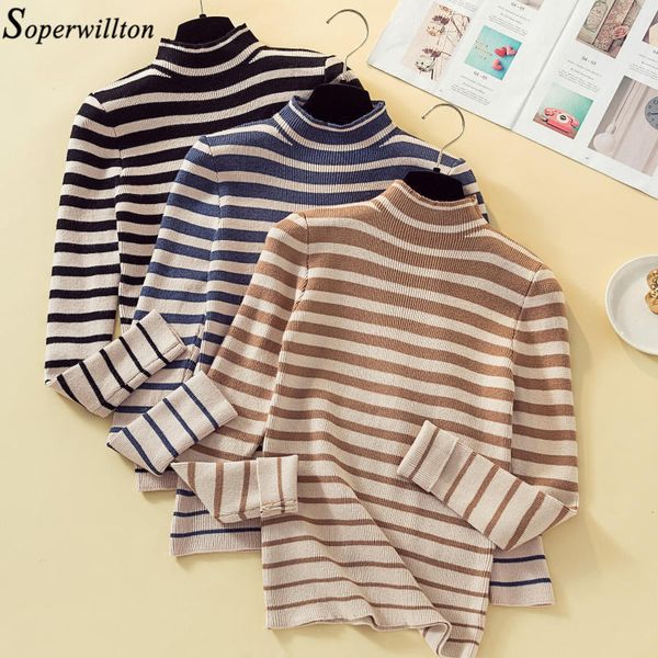 

turtleneck women knitted sweater 2019 autumn winter casual striped pullovers jumper female knitwear warm pull basic black h78, White;black