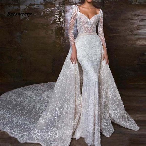

vestido de novia sirena sweetheart mermaid wedding dress beading long sleeve bride gowns detachable skirt mariage dresses, White