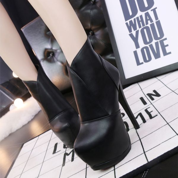 

european and american vogue appeal ultra tall thin heel pointy waterproof platform martin ankle boots pure black show thin female boots