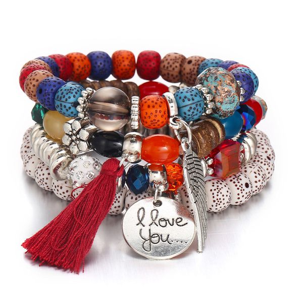 

4pcs/set wings heart alloy pendant beads bohemian bracelets women lava stone wristband bangles for party, Black