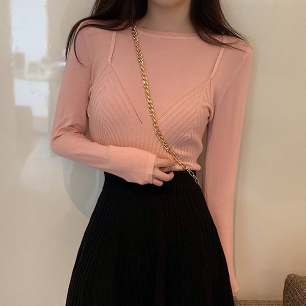 

fake two-piece knit solid color sweater women's autumn long-sleeved round neck temperament bottom sweater wild shirt, White;black