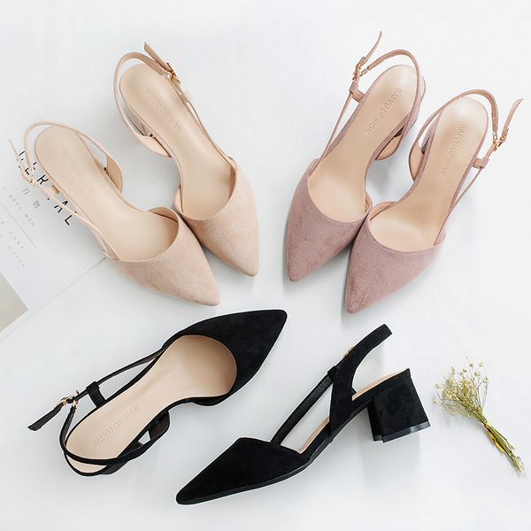 

square high heels female shoes woman 2020 flock ankle straps slingback women office career sandals casual nude wedding pumps, Black