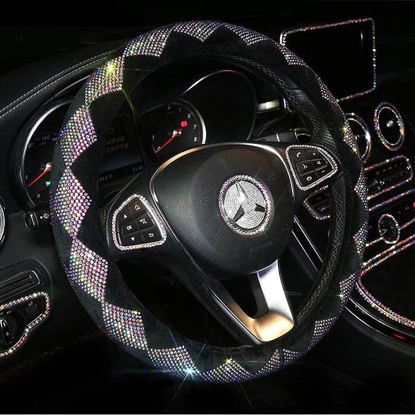 Bling Bling Colorful Rhinestone Car Steering Wheel Covers Diamond Crystal Wheel Cover For Women Girls Car Accessories Interior Car Steering Cover