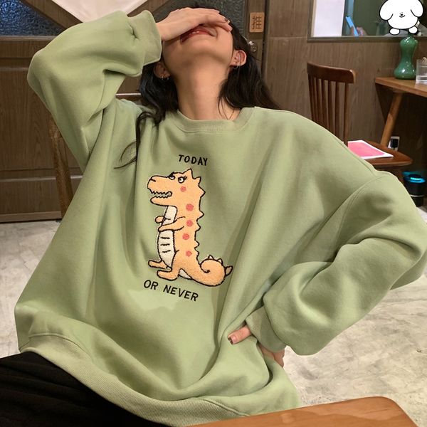 

vintag зима вышивка флокирование динозавр повседневный толстовка плюс бархат круглый шеи многоцветный пуловер hoodie tops мори девочка, Black