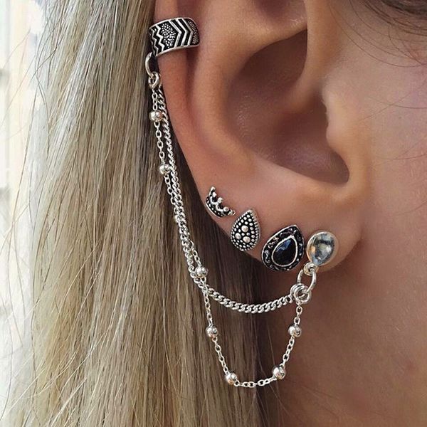 

4 pcs/set retro boho chic women earrings shiny long chain jewelry unique accessories fashion crystal pendant earring, Silver