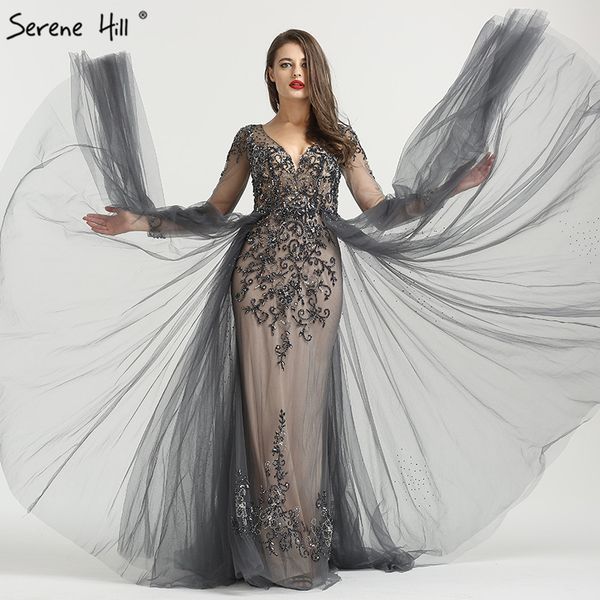 

long sleeve grey crystal mermaid formal evening party prom gown dress lebanon dresses abendkleider bla6571, White;black