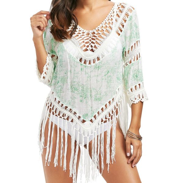 

2019ladies summer beach cotton knitted chain flower hollow deep v fringe beach blouses sunscreen, Blue;gray