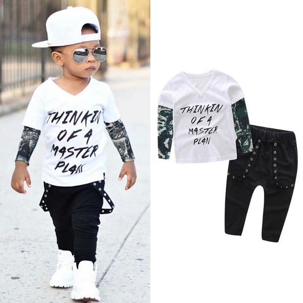 

boys clothes letter tattoo t shirt pants outfits clothes set 2020 new newborn infant baby boy cloth vetement enfant garcon, White