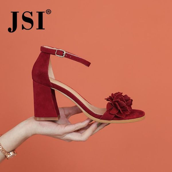 

jsi ankle-wrap round toe sandals women leather mature style square heel lady sandals flower fashion elegant sandaks jo570, Black