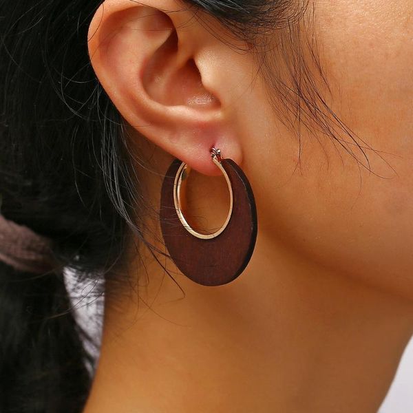 

boho wooden round shape vintage earrings for women tamperament log c shape drop earrings jewelry bohemian 2020 newest, Golden;silver