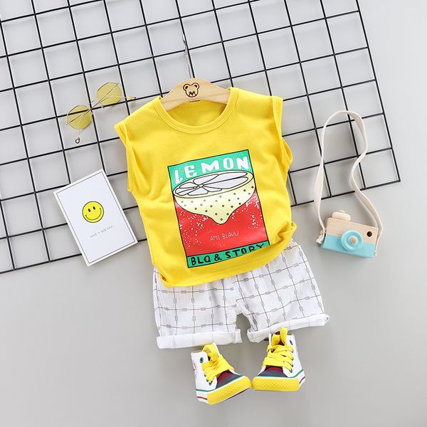 

summer cool lemon print sleeveless boys clothing set sale, White