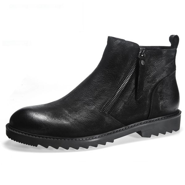 

winter new mens thick leather boots british style high shoes male shoes genuine leather cow round toe zipper ankle shoes, Black