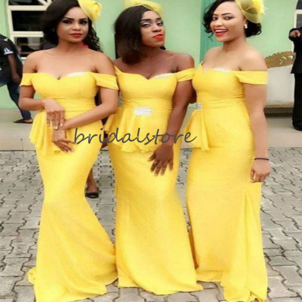 Gelbe afrikanische Meerjungfrau-Brautjungfernkleider, schulterfrei, bodenlang, langes Trauzeugin-Kleid 2020, Plus-Size-Kleid für Hochzeitsgäste