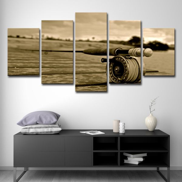2019 Canvas Painting Hd Printed Fishing Rods Vintage Yellow Wall