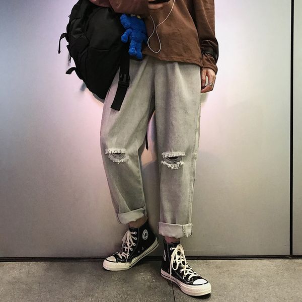

2019 spring and autumn new trend big size hole fashion loose jeans youth popular casual trousers male gray / blue s-xl