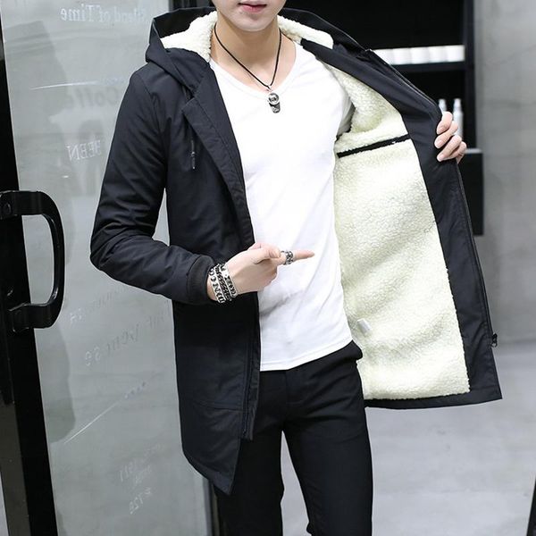 

зима с капюшоном сгущает бархат мужская куртка кашемир черный средней длины ветровка куртка для мужчин 2018 зима теплая тонкий пальто челове, Black