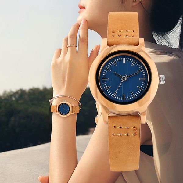 

minimalist women's fashion blue dial wood watch slim black leather bracelet bamboo wood quartz watches women's wrist, Slivery;brown