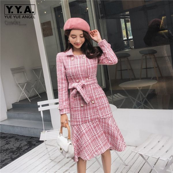 

elegant mermaid womens pink plaid tweed coats autumn winter long sleeve double breasted belt waist medium length trench coats, Tan;black