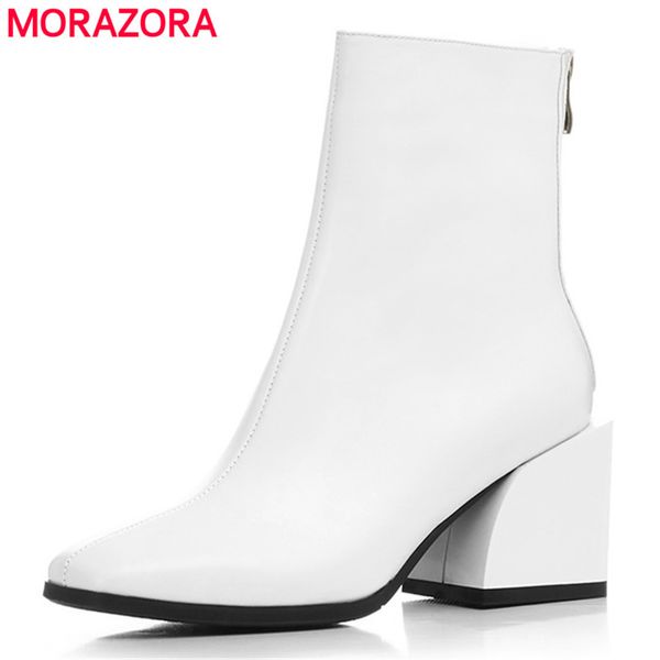

morazora 2020 full genuine leather shoes women ankle boots zip square heels boots fashion dress shoes woman, Black