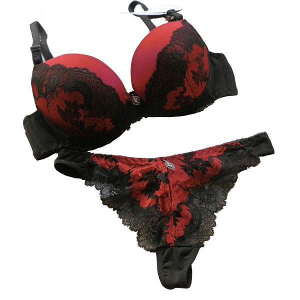 

abc 75 80 85 90 95 thong bra set push up lace women underwear panty set set hollow out g string embroidered bra brief sets, Red;black