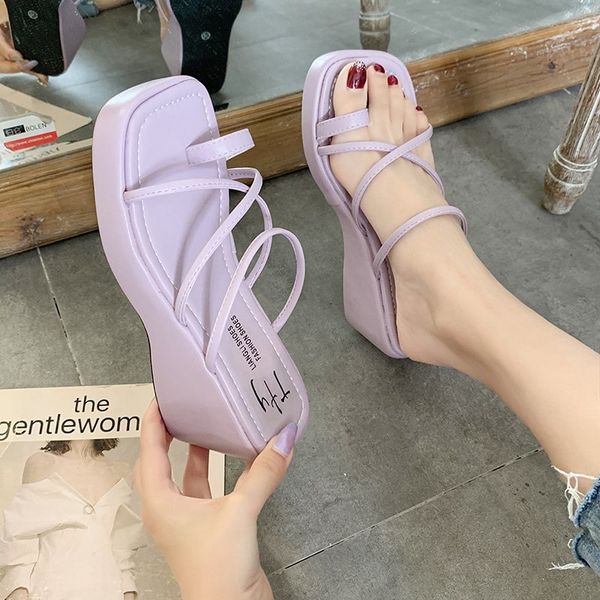 

slippers women summer shallow shoes on a wedge platform rubber flip flops luxury slides heeled mules pantofle hawaiian designer, Black