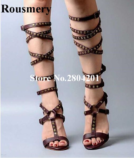 

rousmery wine red metallic rivets stud cross-tied buckle strappy thin heel knee-high casual party women summer sandal boots, Black