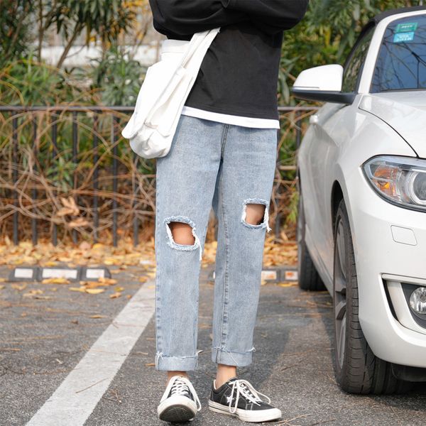 

shattered jeans men's fashion washed solid color casual jeans pants man streetwear wild hip hop loose straight denim trousers, Blue