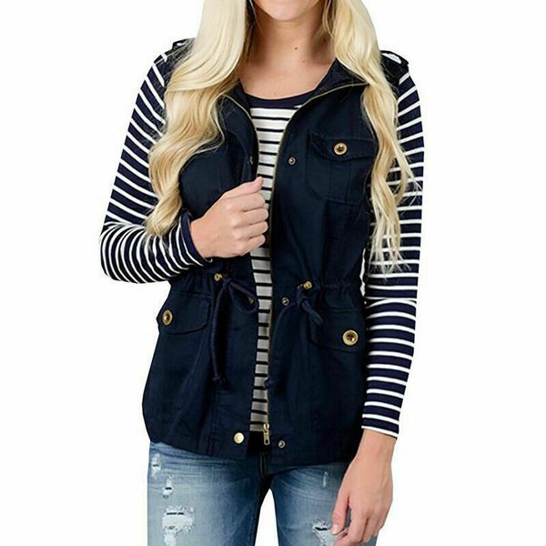 

spring autumn women drawstring waist belt jacket coats sleeveless button pocket black slim jackets women's waistcoat streetwear, Black;white