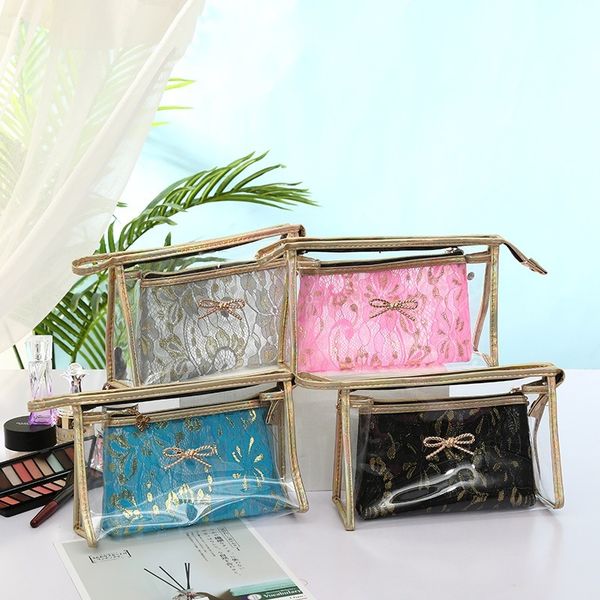 

2020 new ladies cosmetic bag pvc transparent cosmetic bag gauze two-piece travel wash women