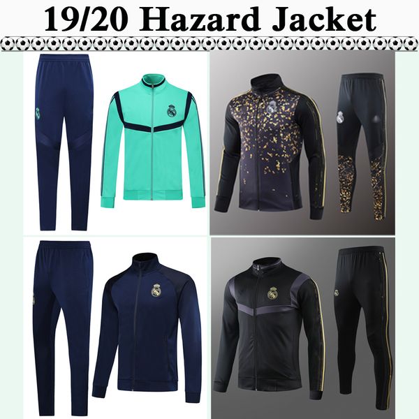 

19 20 real madrid hazard full zip jacket shirts suit mariano kroos benzema sapphire blue green black jacket set pants football jerseys