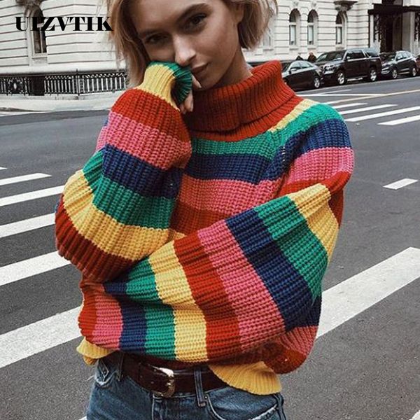 

casual loose autumn winter turtleneck sweater women oversize rainbow striped knitted sweaters warm long sleeve pullover sweater, White;black