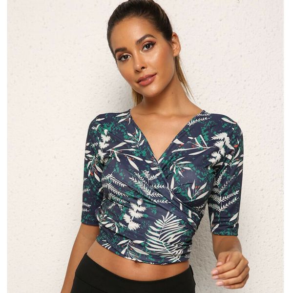 

new style women's blouses print leaves print half sleeve t shirts casual v neck bandage skinny short fashion 2019, White