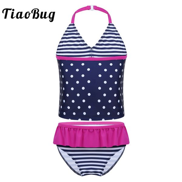 

tiaobug kids teens tankini halter polka dots striped splice swimwear children girls swimsuit with bottoms bathing suits set