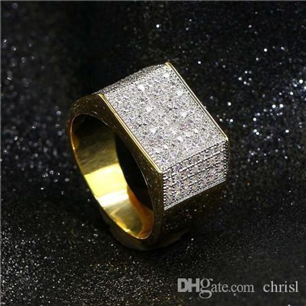 

18k men gold plated rings iced out cubic zircon square hip hop high polished mens copper ring rock jewelry, Silver