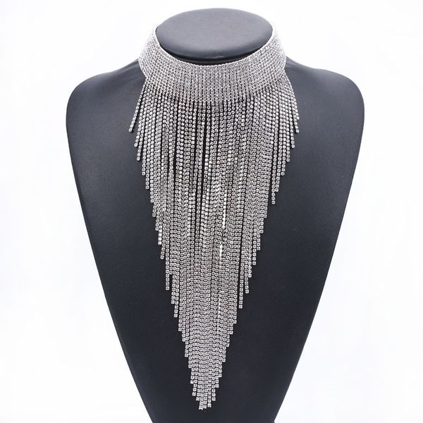 

crystal rhinestone chains tassel big choker necklace women large collars statement necklaces pendants femme maxi long necklace, Silver