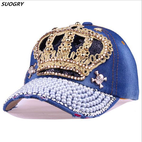 

luxury women baseball cap brand bling crown pearl sequins hip hop cap vintage denim snap back design casual snapback hat new, Blue;gray