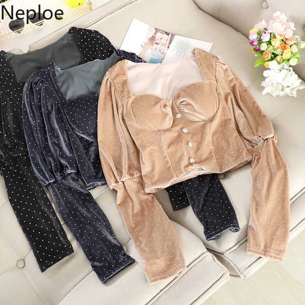 

neploe off shoulder square collar blouse women casual polka dot puff sleeve shirts autumn spring korean velour 80383, White