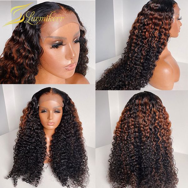 

180 density brazilian 13Ã6 deep part curly lace front human hair wigs for black women ombre colored frontal wig pre plucked remy, Black;brown