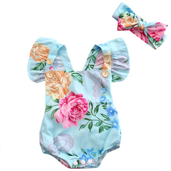

pudcoco rose floral baby girls bodysuits newborn infant baby bodysuits girls floral print sleeveless cotton bodysuit 0-24m blue, White