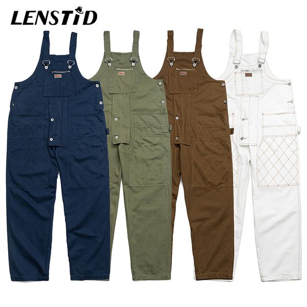 

lenstid men hip hop solid vintage bib overalls harajuku streetwear coveralls cargo workwear overall pants cotton casual trousers, Black