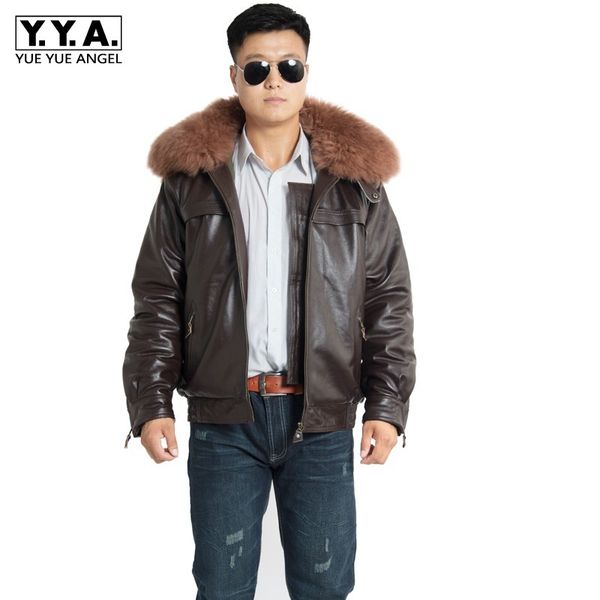 

winter men cotton padded warm pilot jacket wool fur collar coat cowhide genuine leather jacket motorcycle windproof overcoat 6xl, Black