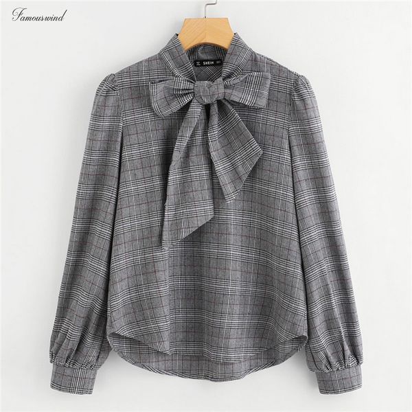 

обычные женские топы и блузки работа женщины блузы серый лук галстук шею длинным рукавом элегантный fit плед блузка, White