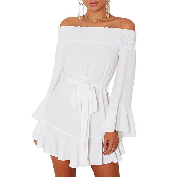 

2019 summer beach dress bohemia ruffle sleeve black white off shoulder dress chiffon women loose mini dresses vestido, Black;gray