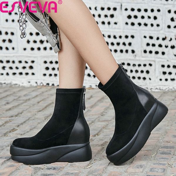 

esveva 2020 platform round toe autumn winter fashion ankle boots patchwork cow leather flock wedge heel women shoes size 34-39, Black