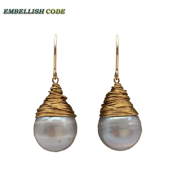 

handmade pearls gold plated hook dangle earring baroque grey gray pearl fire ball style tear drop shape pretty elegant for lady, Golden;silver