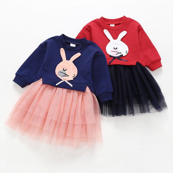 

cute bunny newborn baby girl long sleeve knit tutu dresses kids party lace ruffle patchwork clothing 0-5y