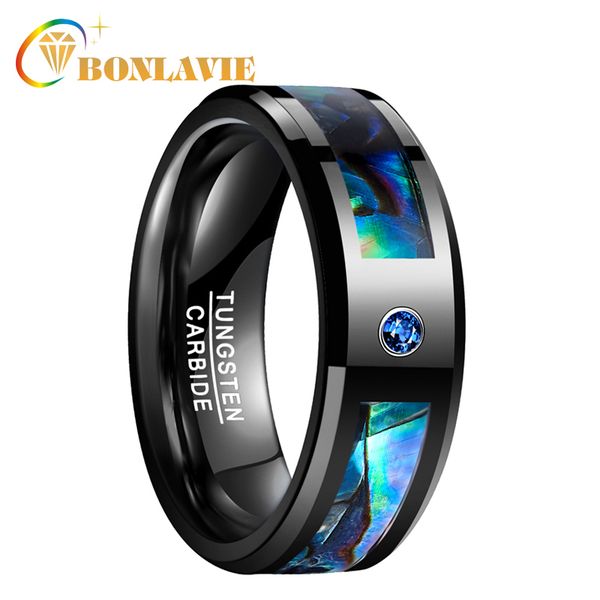 

bonlavie men women wedding band black tungsten ring abalone shell tungsten steel ring with blue cz stone finger jewelry, Golden;silver
